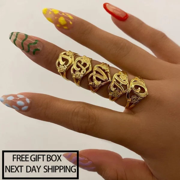 Qitian Gold Initials Heart Letter Ring For Women Fashion Hip Hop Jewelry Personalized Adjustable Letter Rings Mother's Day Gifts