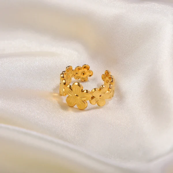 Exquisite Stainless Steel Flower Adjustable Opening Rings 18k Gold PVD Plated Waterproof Finger Jewelry For Women Wedding Gift - Image 37