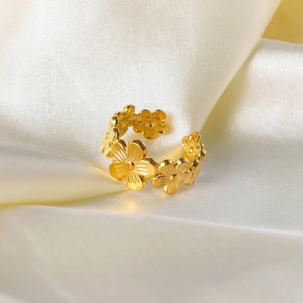 Exquisite Stainless Steel Flower Adjustable Opening Rings 18k Gold PVD Plated Waterproof Finger Jewelry For Women Wedding Gift - Image 34