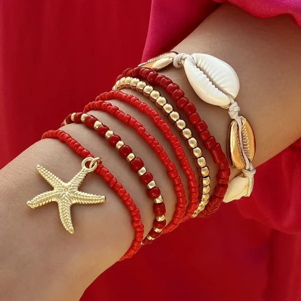 7Pcs Bohemian Shell Bracelet Set For Women Starfish Charm Rice Beads Wristband Bangle Girls Summer Beach Jewelry Accessories - Image 3