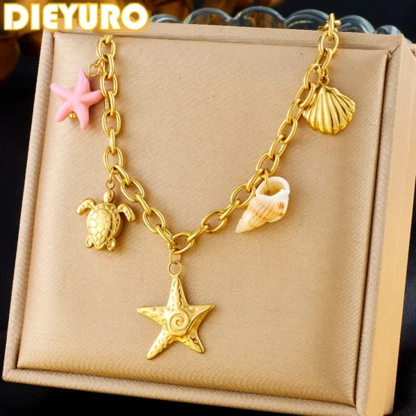 DIEYURO 316L Stainless Steel Marine Style Conch Golden Sea Star Pendant Necklace Girl New Fashion Trend Neck Jewelry Gift Joyas - Image 3