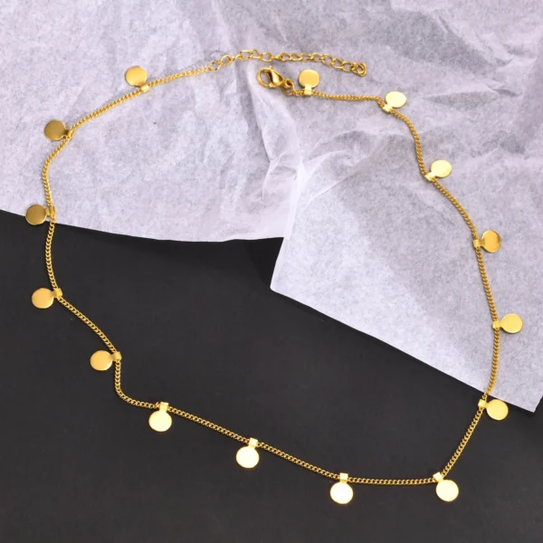 Delicate Small Multiple Coins Disc Necklace for Women, Gold Color Stainless Steel Waterproof - Image 2