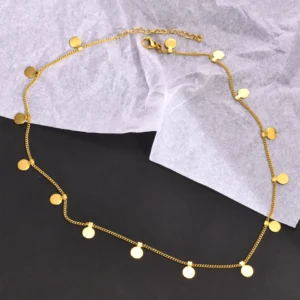 Delicate Small Multiple Coins Disc Necklace for Women, Gold Color Stainless Steel Waterproof