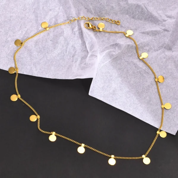 Delicate Small Multiple Coins Disc Necklace for Women, Gold Color Stainless Steel Waterproof