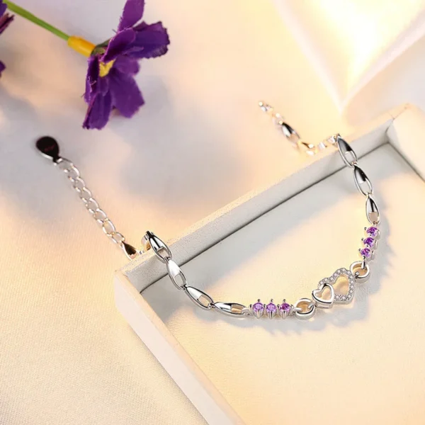 New 925 Sterling Silver Bracelet Purple Crystal Zircon Heart For Woman Charm Bracelet Jewelry Gift - Image 4