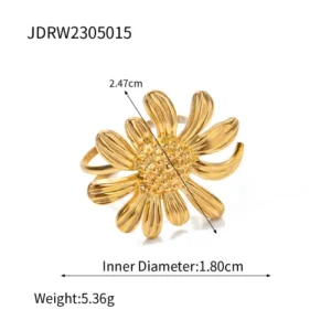 Exquisite Stainless Steel Flower Adjustable Opening Rings 18k Gold PVD Plated Waterproof Finger Jewelry For Women Wedding Gift