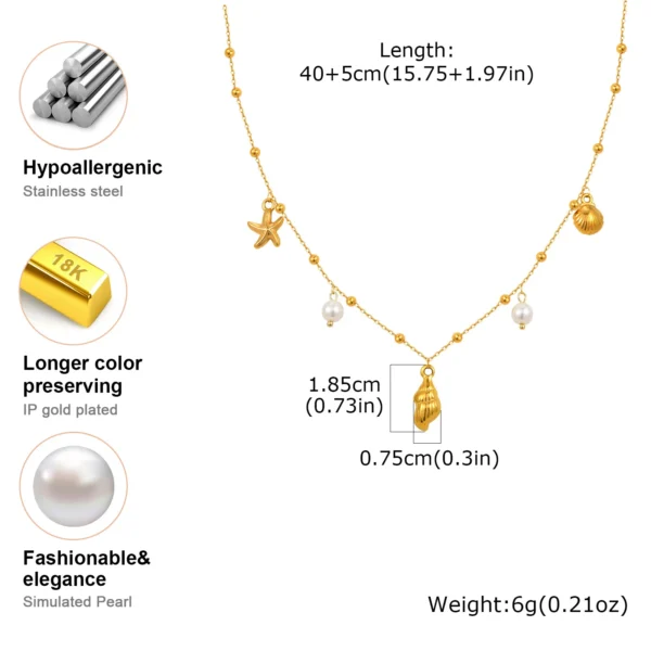Charms Necklace for Women,18k Gold Plated Pearl Shell Conch Starfish Summer Beach Necklace, Stainless Steel Waterproof Jewelry - Image 12