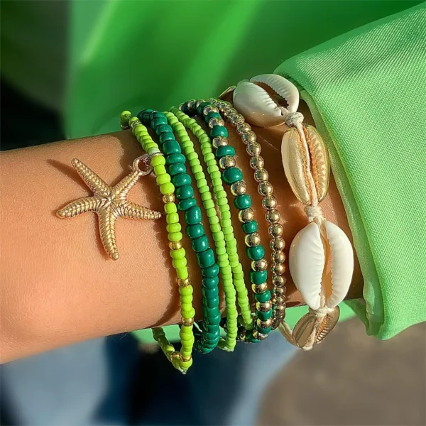 7Pcs Bohemian Shell Bracelet Set For Women Starfish Charm Rice Beads Wristband Bangle Girls Summer Beach Jewelry Accessories