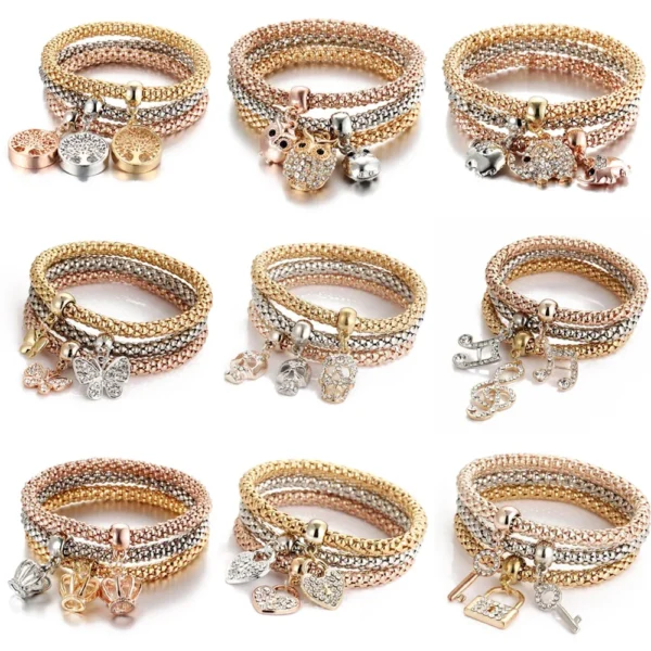 3Colors/Lot Tree Of Life Elastic Bracelet Set For Women Crystal Owl Key Lock Music Note Butterfly Heart Charm Bangle Men Jewelry - Image 12