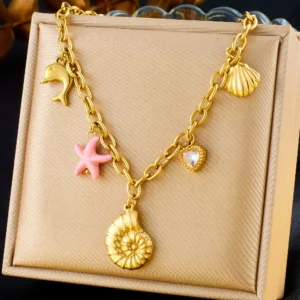 DIEYURO 316L Stainless Steel Marine Style Conch Golden Sea Star Pendant Necklace Girl New Fashion Trend Neck Jewelry Gift Joyas