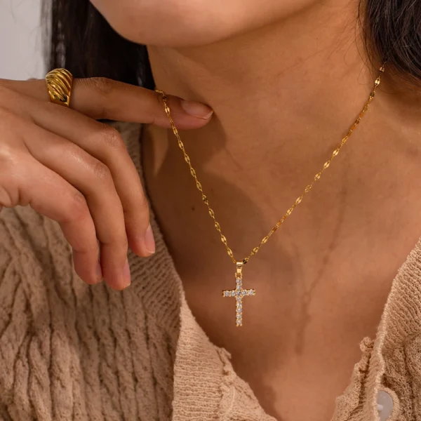 Youthway Stainless Steel 18K Gold Plated White Cubic Zirconia Cross Pendant Necklace Waterproof Trendy Jewelry Women New - Image 5