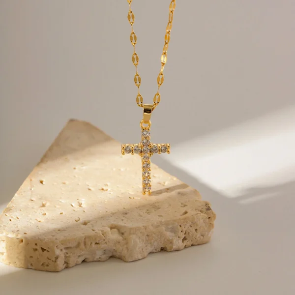 Youthway Stainless Steel 18K Gold Plated White Cubic Zirconia Cross Pendant Necklace Waterproof Trendy Jewelry Women New - Image 3