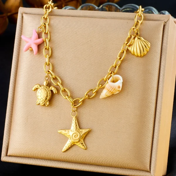 DIEYURO 316L Stainless Steel Marine Style Conch Golden Sea Star Pendant Necklace Girl New Fashion Trend Neck Jewelry Gift Joyas - Image 2