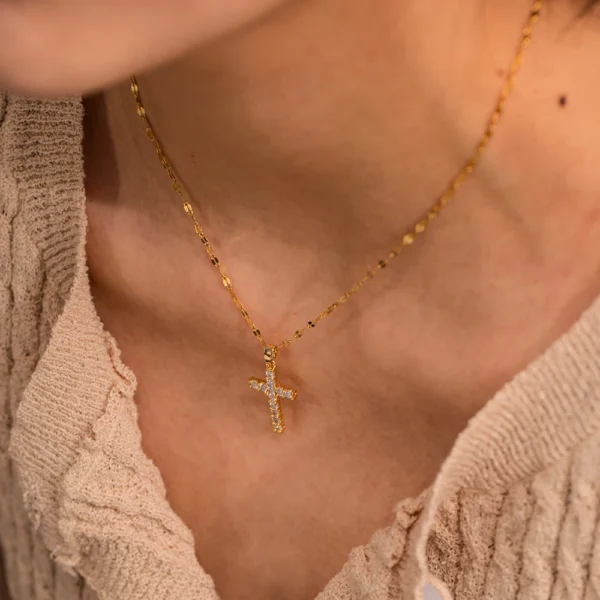 Youthway Stainless Steel 18K Gold Plated White Cubic Zirconia Cross Pendant Necklace Waterproof Trendy Jewelry Women New - Image 7