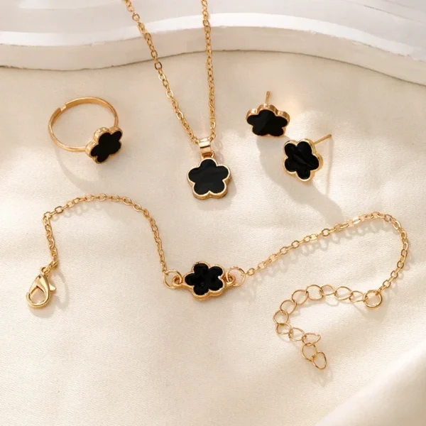 4 PCS Luxury Flower Stud Earrings Bracelet Necklace Ring Set for Women Delicate Plum Blossom Five Leaf Flower Jewelry Party Gift - Image 7