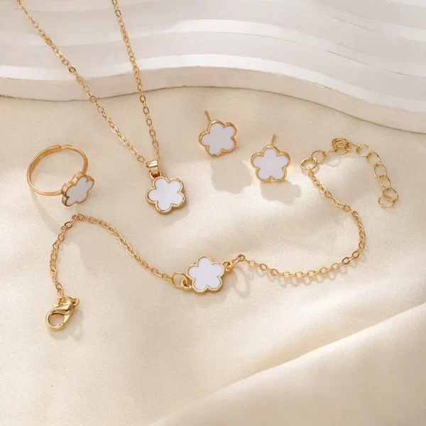 4 PCS Luxury Flower Stud Earrings Bracelet Necklace Ring Set for Women Delicate Plum Blossom Five Leaf Flower Jewelry Party Gift - Image 2