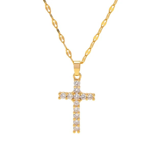 Youthway Stainless Steel 18K Gold Plated White Cubic Zirconia Cross Pendant Necklace Waterproof Trendy Jewelry Women New - Image 2