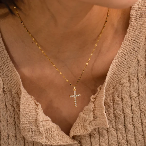 Youthway Stainless Steel 18K Gold Plated White Cubic Zirconia Cross Pendant Necklace Waterproof Trendy Jewelry Women New - Image 6
