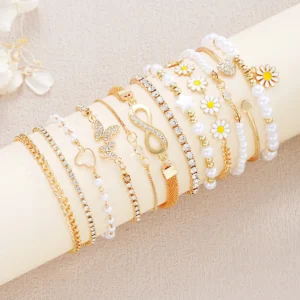 12Pcs Vintage Boho Daisy Infinity Symbol Bracelets for Women Fashion Silver White Color Butterfly Heart Crystal Star Bangle Sets