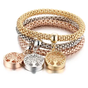 3Colors/Lot Tree Of Life Elastic Bracelet Set For Women Crystal Owl Key Lock Music Note Butterfly Heart Charm Bangle Men Jewelry