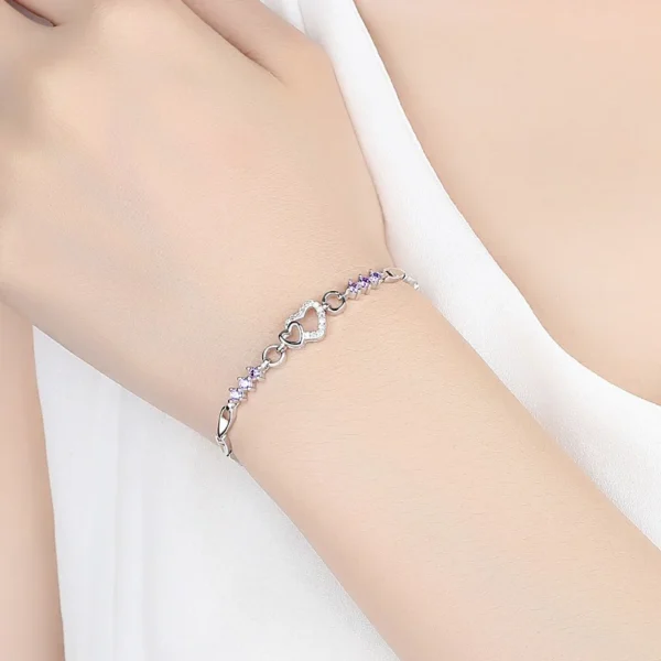 New 925 Sterling Silver Bracelet Purple Crystal Zircon Heart For Woman Charm Bracelet Jewelry Gift - Image 6