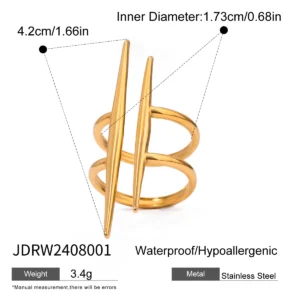 Vintage 18K Gold Plated Stainless Steel Parallel Double Line Hollowed Out Open End Ring Women Anti Allergic Charm Daily Jewelry