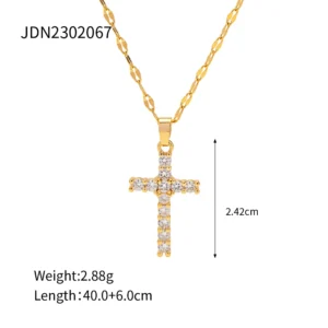 Youthway Stainless Steel 18K Gold Plated White Cubic Zirconia Cross Pendant Necklace Waterproof Trendy Jewelry Women New