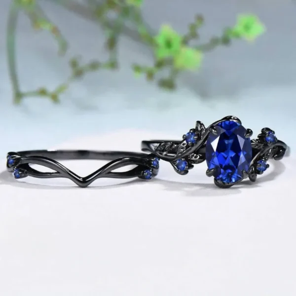 Elegant Women Rings Black Color Blue Stone Rings Set Flower Round Design Wedding Rings for Women Jewelry - Image 3