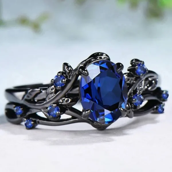 Elegant Women Rings Black Color Blue Stone Rings Set Flower Round Design Wedding Rings for Women Jewelry - Image 4