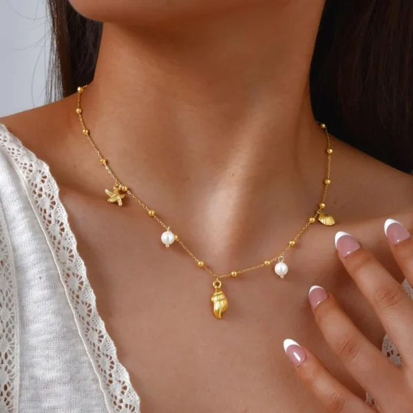 Charms Necklace for Women,18k Gold Plated Pearl Shell Conch Starfish Summer Beach Necklace, Stainless Steel Waterproof Jewelry - Image 7