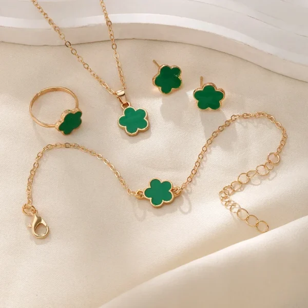 4 PCS Luxury Flower Stud Earrings Bracelet Necklace Ring Set for Women Delicate Plum Blossom Five Leaf Flower Jewelry Party Gift - Image 3