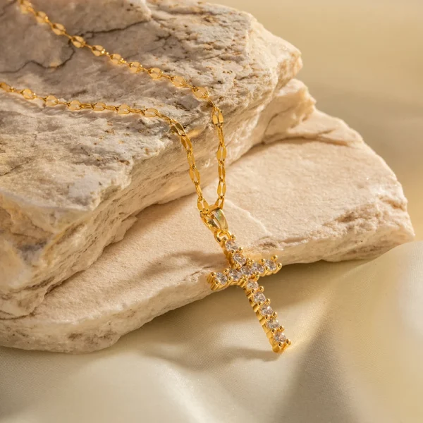 Youthway Stainless Steel 18K Gold Plated White Cubic Zirconia Cross Pendant Necklace Waterproof Trendy Jewelry Women New - Image 4