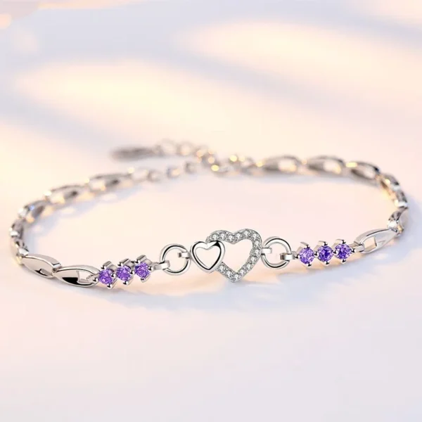 New 925 Sterling Silver Bracelet Purple Crystal Zircon Heart For Woman Charm Bracelet Jewelry Gift - Image 2