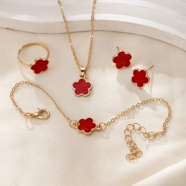 4 PCS Luxury Flower Stud Earrings Bracelet Necklace Ring Set for Women Delicate Plum Blossom Five Leaf Flower Jewelry Party Gift - Image 6